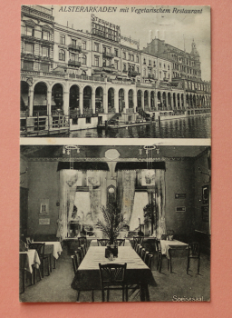 Ansichtskarte AK Hamburg 1910 Vegetarisch Restaurant mit Speisesaal Schubarth Alsterarkaden Stollwerck Werbung Reklame Architektur Ortsansicht